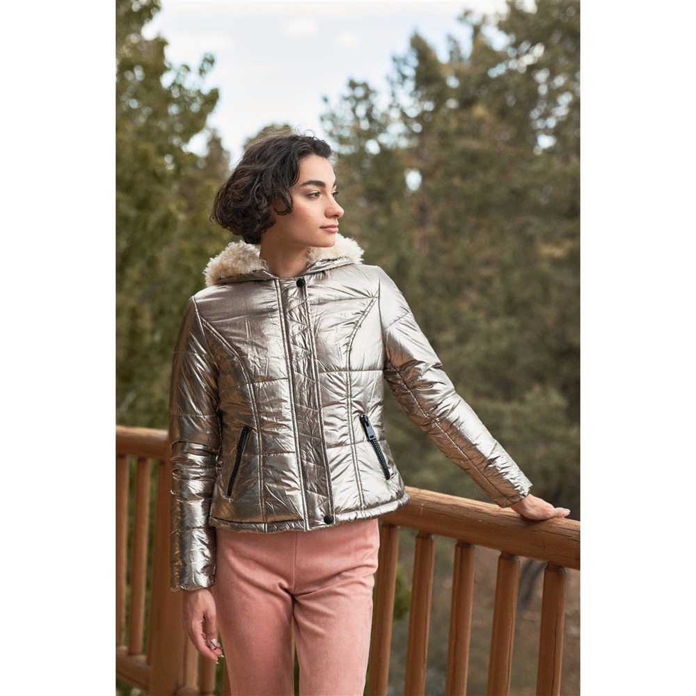 Tasha Apparel Gunmetal Gray Metallic Fuzzy Faux Fur Hood Puffer Jacket - Picture 3 of 5